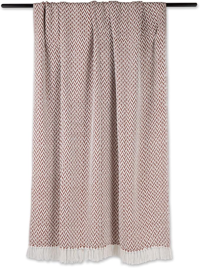 DII Modern Zig Zag Throw Blanket Woven Cotton, Hand-Knotted 2.5" Fringe, 50x60, Cinnamon