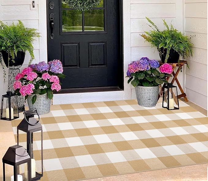 3' x 5' Outdoor Rug, Checkered Washable Rug Khaki and White Front Porch Rug Washable Front Door Mat Outdoor for Hello Welcome Mat, Bedroom, Entryway, Patio