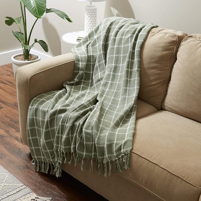 DII Transitional Checked Plaid Woven Throw, 50x60, Artichoke Green