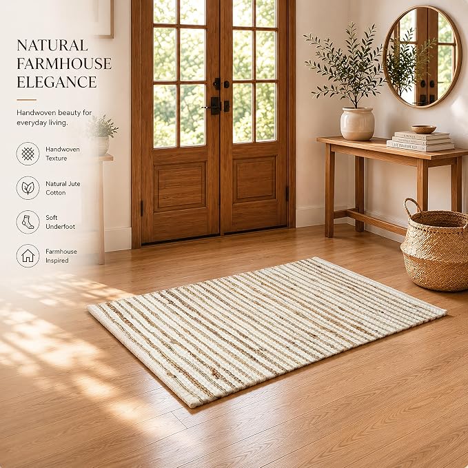 THE BEER VALLEY Jute Cotton Stripe Kitchen Rug 2x3 Feet - Natural White | Small Neutral Area Door mat for Entryway, Easy Clean Outdoor Indoor Boho Entry Rugs