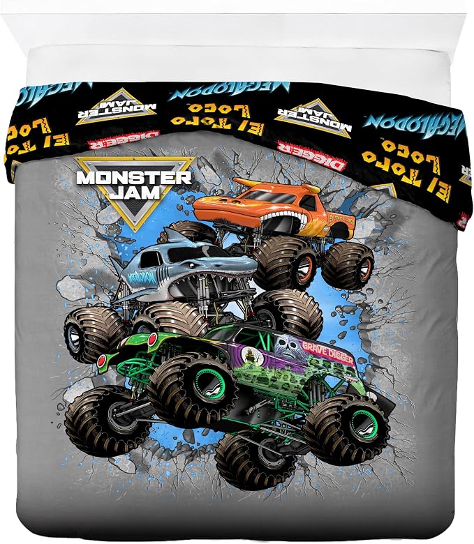 Jay Franco Kids Duvet Cover Set – 3 Piece Super Soft Bedding with Sham Pillowcase, Cover ONLY Comforter Not Included, Grey - Monster Jam, Full