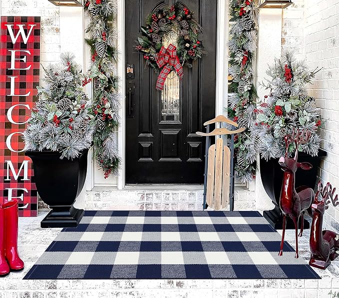 Blue and White Checkered Outdoor Rug 27.5''x 43.3''Buffalo Plaid Layered Doormat Woven Machine Washable Farmhouse Door Mats Outdoor for Hello/Welcome Mat,Entryway,Bedroom,Patio