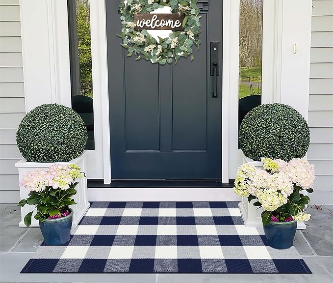 Buffalo Plaid Rug 27.5"x43" Blue White Fall Front Porch Rug Cotton Woven Washable Indoor Outdoor Rugs for Welcome Door Mat Entryway Dining Room Bedroom Living Room