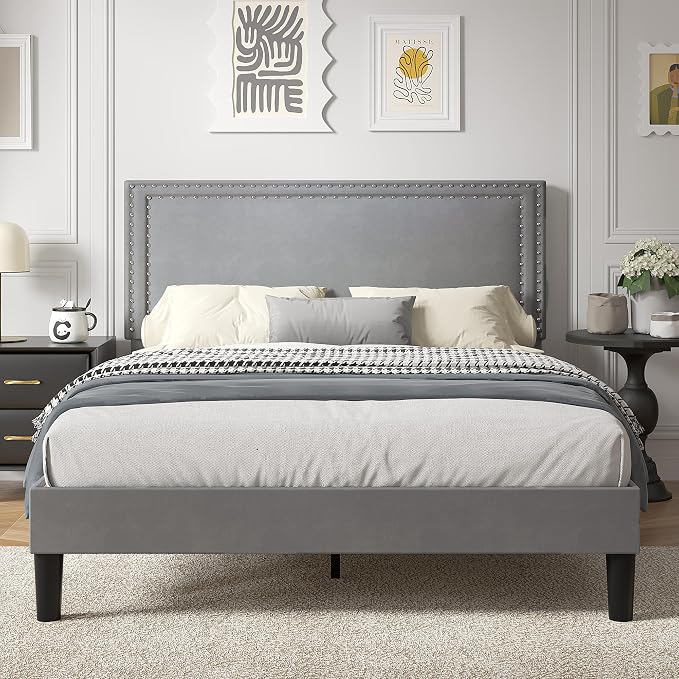 VECELO Full Size Platform Bed Frame with Height Adjustable Upholstered Headboard, Modern Mattress Foundation,Strong Wood Slat Support, No Box Spring Needed, Easy Assembly,Dark Grey