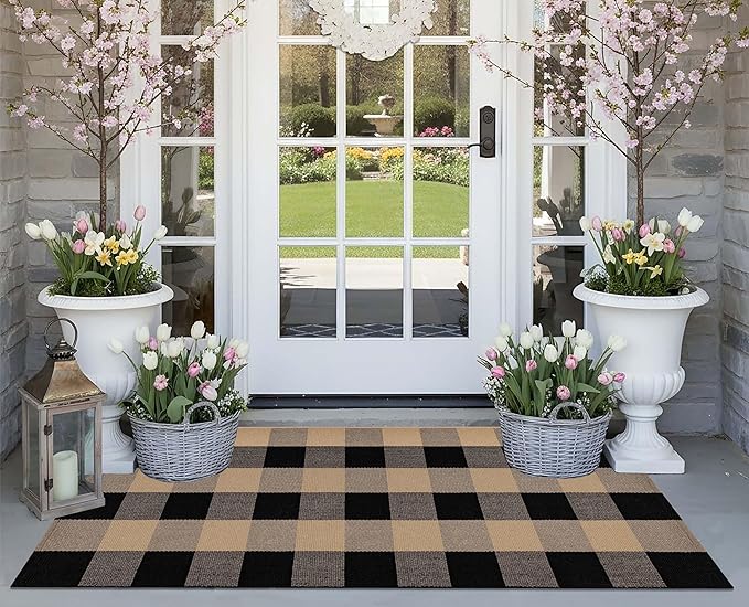Front Porch Rug 2'X4.3' Tan and Black Spring Outdoor Porch Rug Cotton Woven Washable Door Mats Outdoor for Welcome Hello Layered/Entrance/Bedroom/Living Room