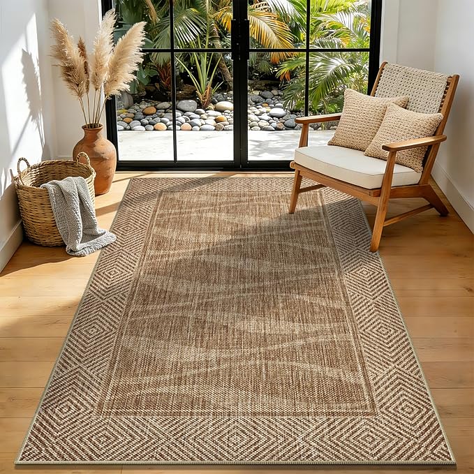 Jute Rug 3x5 Outdoor Patio Rug with Border, Washable Rugs for Entryway Porch, Farmhouse Non Slip Area Rugs with Rubber Backing, Non Shedding Carpet for Indoor Outdoor Bedroom, Courtyard, Light Brown