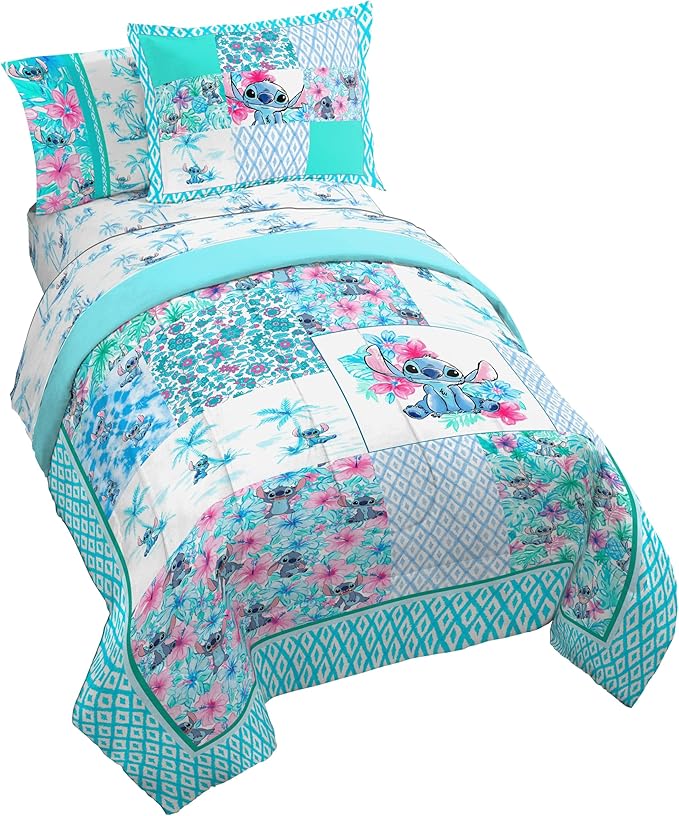 Disney Lilo and Stitch Twin Comforter Set 5 Piece Bedding for Girls, Multi | Bed in a Bag, Comforter Sheets Sham Pillowcase, Official Product, Soft Microfiber, Machine Washable, Easy Care, Girls Gift