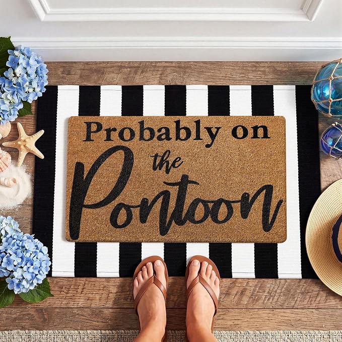 Moucuny 2 Pcs Probably on The Pontoon Coir Doormat Set 16'' x 28 '' Lake House Welcome Mats 24'' x 35'' Black White Striped Layered Rugs for Pontoon Boat Front Door Porch Entryway Decor