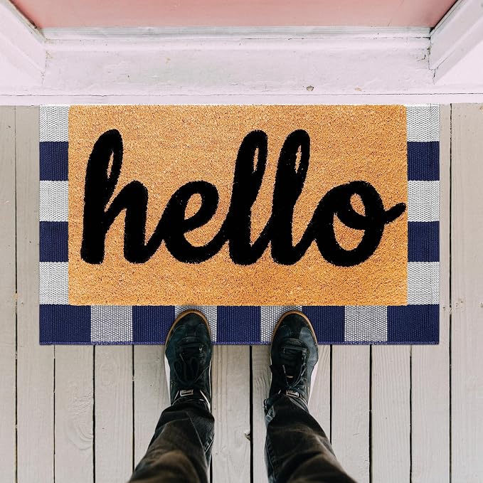 Buffalo Plaid Outdoor Rug 2x3 Cotton Woven Navy and White Checkered Doormat Washable Front Porch Mat Fall Layered Carpet for Indoor Outdoor Entryway Farmhouse Decor Area Rug