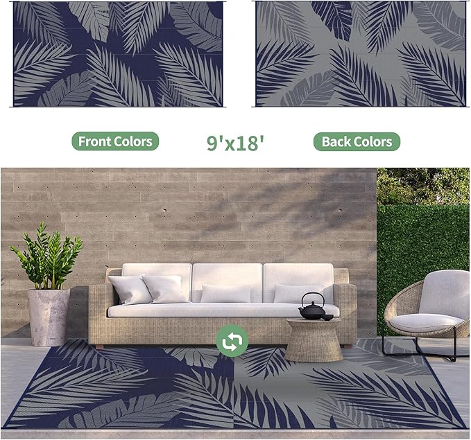 GENIMO Outdoor Rug, Waterproof Plastic Rugs 9'x18' for Camping Blue Grey | Outside Larger Leaf Carpet Mat for Patio Decor, RV, Porch, Camper, Deck, Picnic, Beach, Backyard, Reversible, Foldable