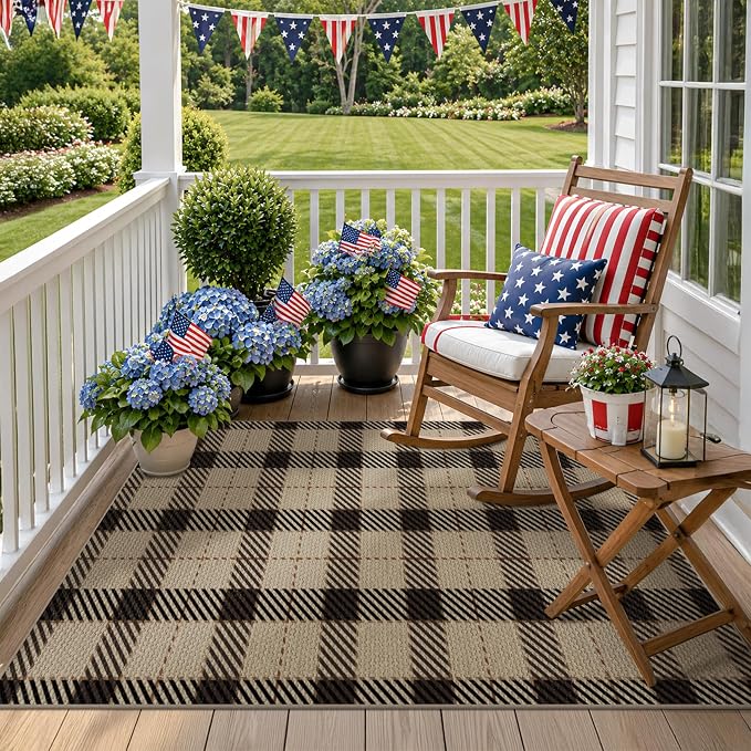 Easy Jute Neutral 4x6 Rugs for Large Entryway, Buffalo Plaid Outdoor Mat for Front Porch, Washable Rugs for Indoor Outdoor Area, Bedroom Bedside, Small Living Room, Non Slip Black and Brown Décor