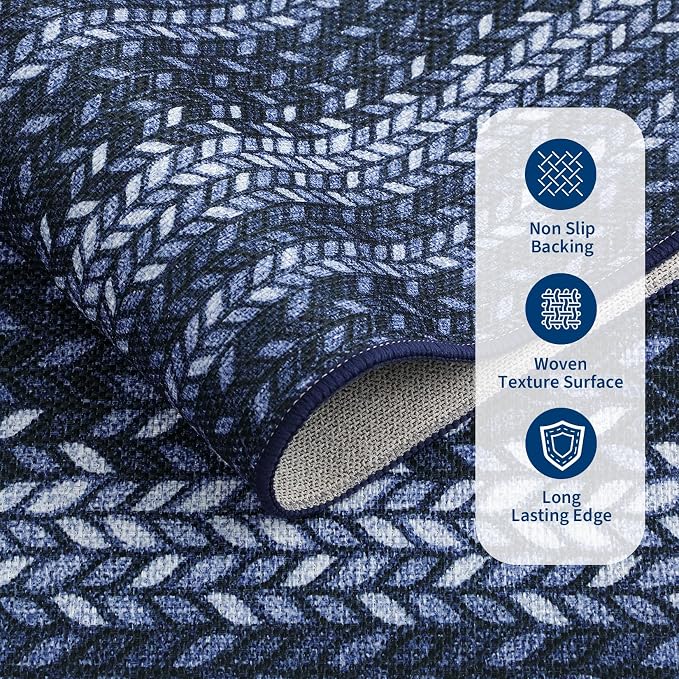 GarveeHome 8x10 Washable Living Room Area Rug Non Slip Braided Rugs | Low Pile Stain Resistant Dining Room Throw Carpet Indoor Outdoor Modern Bordered Area Rugs for Home Decor, Blue