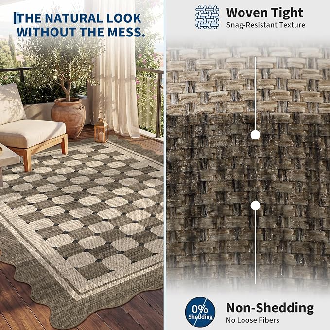 Garvee Easy Jute Checkered 8x10 Area Rug, Washable Scalloped Outdoor Rug for Patio Non-Slip Rugs for Living Room, Neutral Farmhouse Floor Carpet for Bedroom Dining Room Classroom 8'x10'