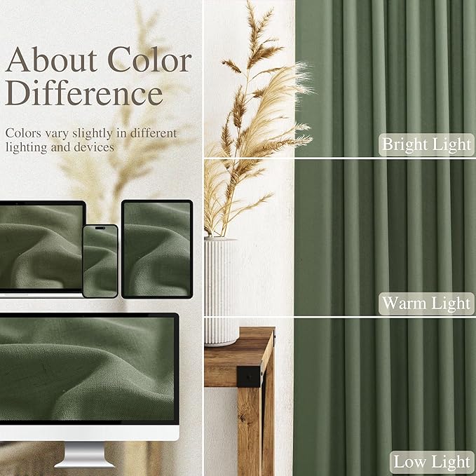 Extra Long Curtain 108 Inches Long 2 Panels Set Back Tab Olive Green Linen Drapes for Living Room Neutral Farmhouse Light Filtering Semi Sheer Linen Curtains 108 Inch Length for Large Window 9 FT