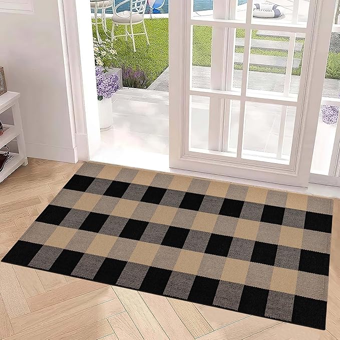 Front Porch Rug 24''x51'' Black and Tan Checkered Outdoor Rug Cotton Washable Front Door Mat Outdoor for Layered Doormat,Bedroom,Farmhouse,Entryway,Patio