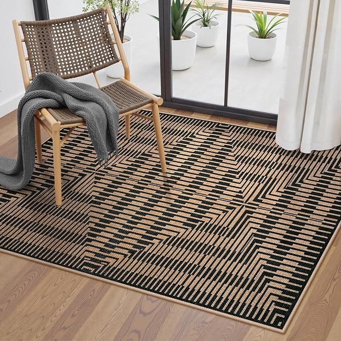 LIVEBOX Easy Jute 3x5 Outdoor Rug, Washable Non Slip Front Door Porch Rugs, Neutral Black Striped Accent Carpet Mat for Entryway, Mudroom (Black & Tan)