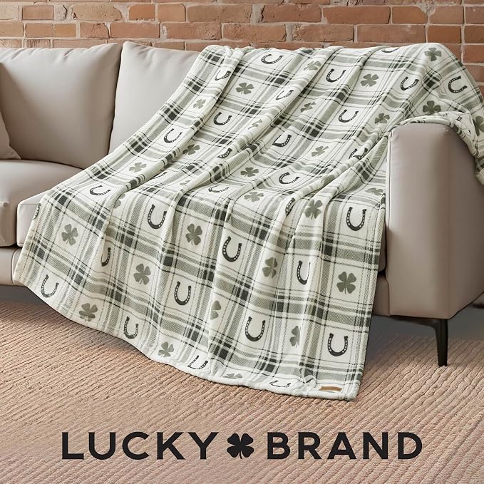 Lucky Brand 50" x 70" Plush Throw Blanket, Clover Horseshoe Plaid Sage Green Blanket for Sofa or Bed
