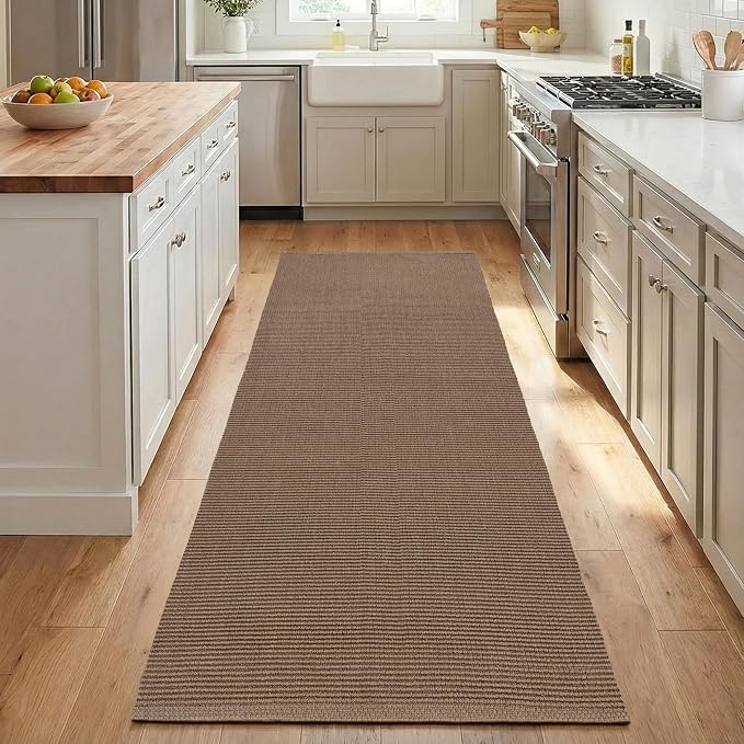 THE BEER VALLEY Woven Kitchen Runner Rug 2x6 Feet - Brown Mocha | Non Slip Outdoor Long Entry Door Runners for Hallways, Washable Indoor Bathroom Low Profile Rugs