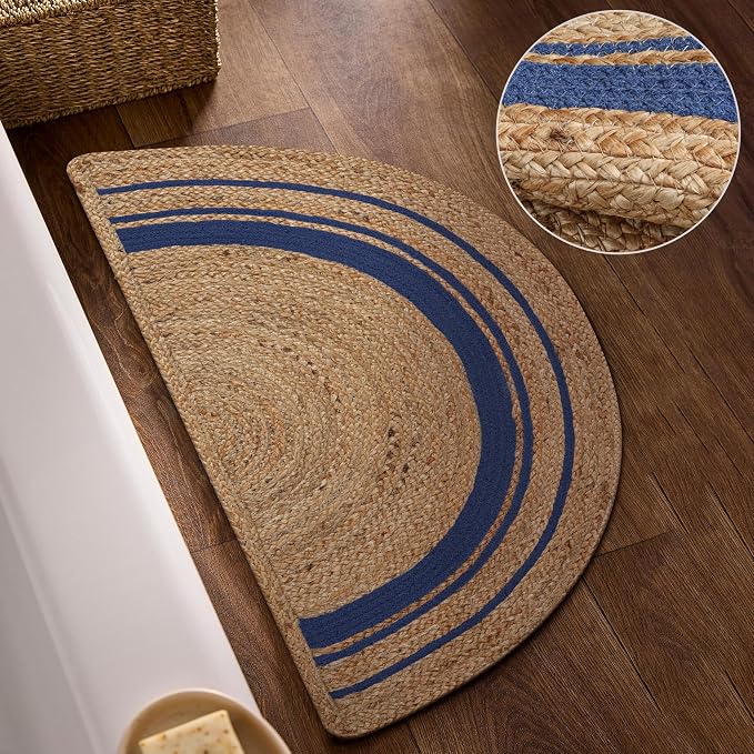 Boho Braided 1.5x3 Area Rug - Jute Natural Fiber Half Round Rug for Living Room Entryway, Farmhouse, Home, Indoor Rugs Jute Door mat for Bathroom, Kitchen (Navy Natural, 1.5 X 3 ft)