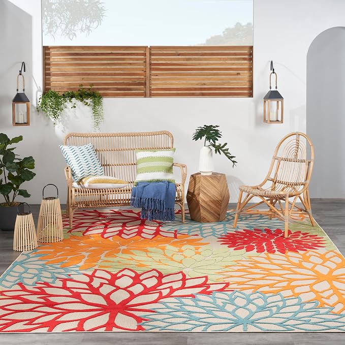 Nourison Home Aloha Indoor/Outdoor Green 9' x 12' Area Rug, Tropical, Botanical, Easy Cleaning, Non Shedding, Bed Room, Living Room, Dining Room, Deck, Backyard, Patio (9x12)