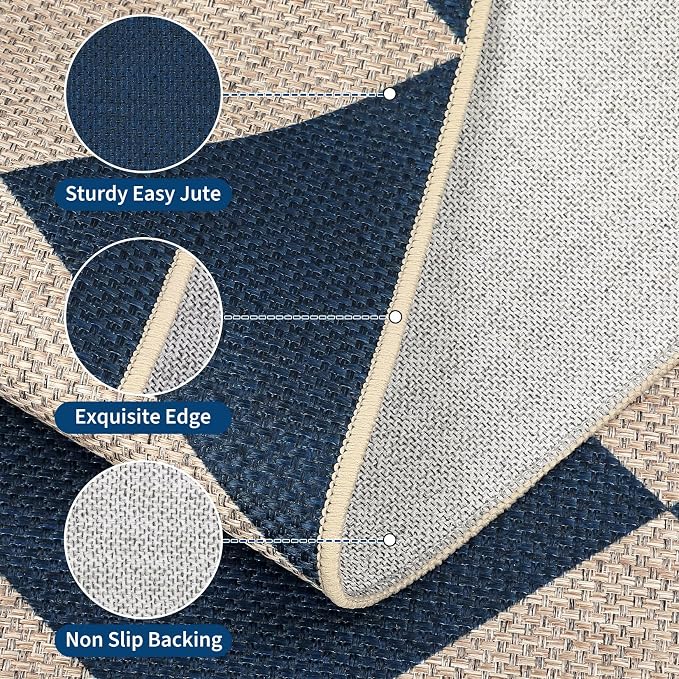 GarveeHome Checkered Easy Jute Runner Rug 2x6 Non-Slip Machine Washable Stain Resistant Indoor Outdoor Rugs for Living Room, Bedroom, Kitchen, Dining, Patio - Farmhouse Style Navy Blue