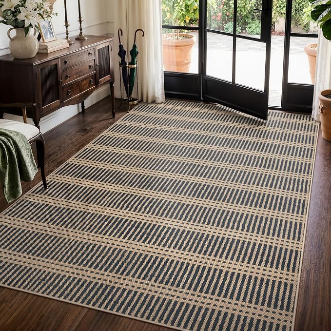 LIVEBOX Striped Easy Jute 5x7 Outdoor Rug, Black Washable Rugs for Patio Living Room, Indoor Outdoor Non Slip Area Rug for Bedroom, Farmhouse Neutral Carpet Floor Mat for Dining Room Backyard Deck