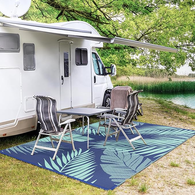 GENIMO Outdoor Rug, Waterproof Plastic Rugs for Patio, 5'x8' Navy Green | Outside Larger Leaf Carpet Mat for Porch Decor, Deck, Balcony, Camping, RV, Backyard, Picnic, Beach, Reversible, Foldable