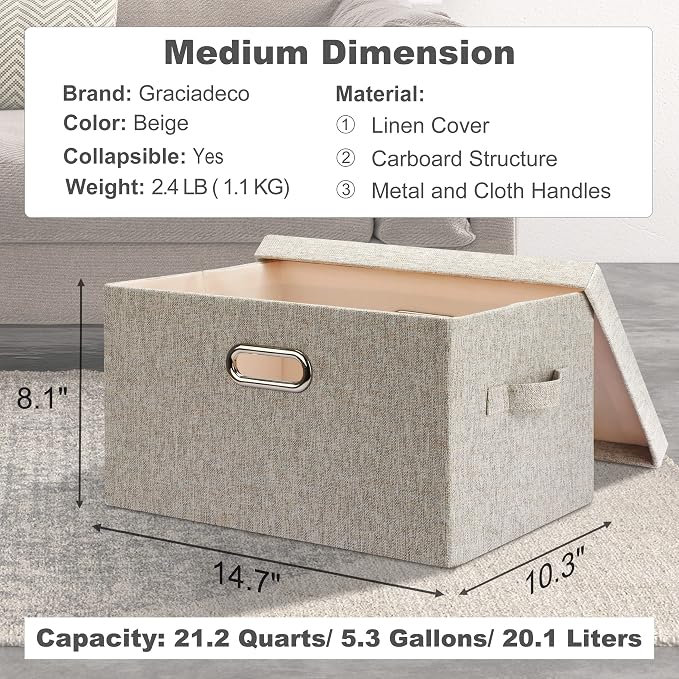 Storage Bins with Lids Fabric Closet Organizers Cubes Office Organization | 21 Quart 5 Pack Beige Collapsible Stackable Linen Fabric 4 Handles Bedroom Closet Cabinet Under Bed Clothes Toy Office File