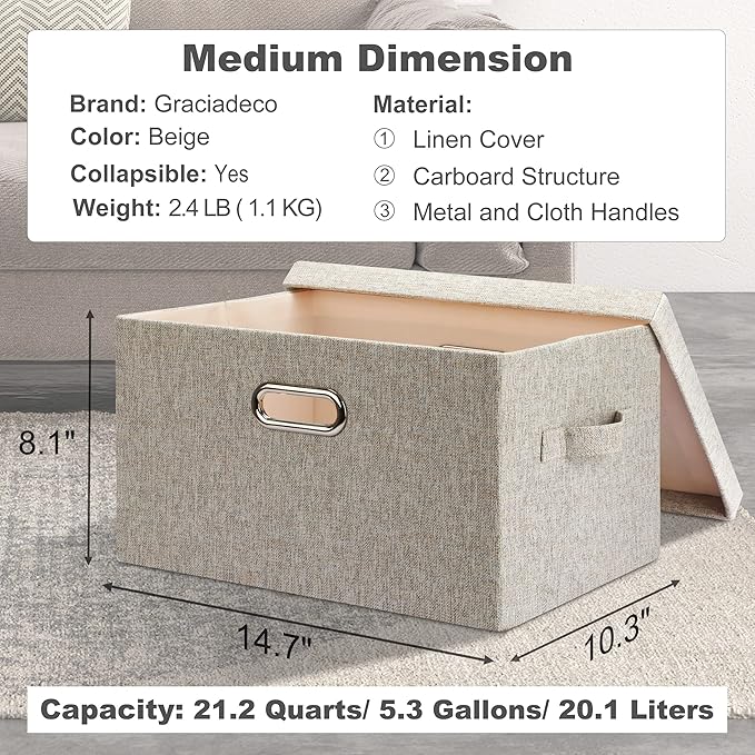 Graciadeco Medium 15" 21 Quart Collapsible Stackable Storage Bins with Lids, 3 Packs Beige Foldable Fabric Closet Boxes Heavy-duty Linen Cube Baskets Container for Bedroom Office (15 x 11 x 8) | 21 Quart 3 Pack Beige Collapsible Stackable Linen Fabric ...