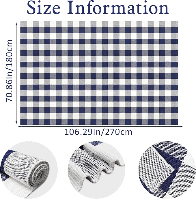 Buffalo Plaid Rug 6x9 Feet Buffalo Check Area Rug Cotton Woven Navy and White Checkered Washable Indoor Outdoor Carpet for Living Room Farmhouse Dining Bedroom Patio