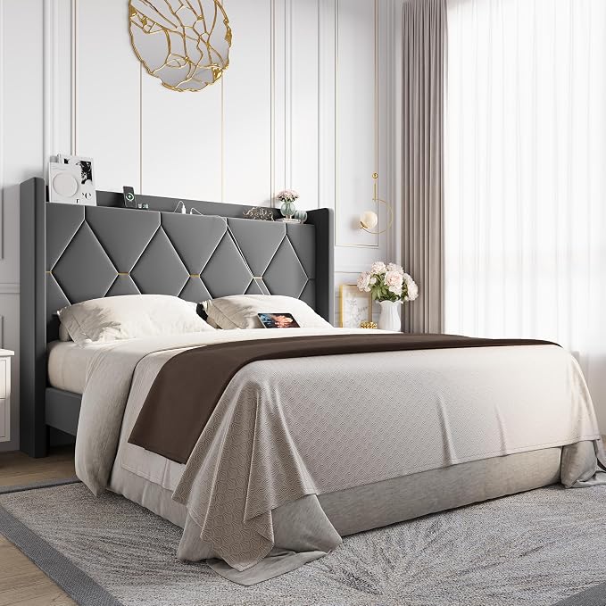 Allewie Full Size Bed Frame with Storage Headboard & Charging Station | Diamond Tufted Design & Gold Trim, Velvet Upholstered Platform Bed, No Box Spring Needed, Easy Assembly, Noise-Free, Grey