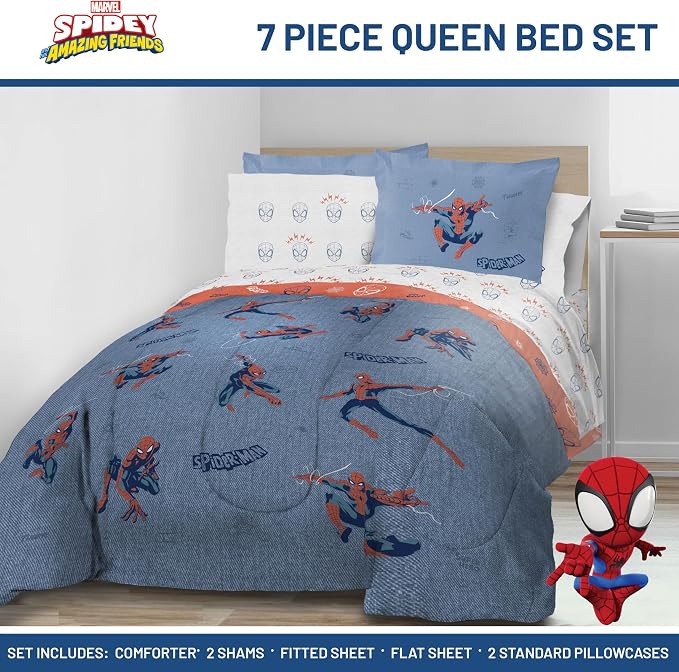 Marvel Spiderman Queen Comforter Set 7 Piece Bedding for Boys, Blue | Bed in a Bag, Comforter Sheets Shams Pillowcases, Official Product, Soft Microfiber, Machine Washable, Boys Gift