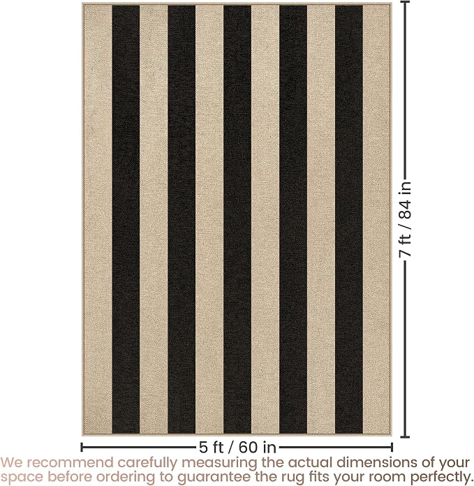 Washable Striped Easy Jute Rug, 5x7 Black Outdoor Indoor Patio Farmhouse Geometric Large Area Rugs, Low Pile Lightweight Non Slip Carpet Mat for Living Dining Room Bedroom Classroom Backyard Kitchen