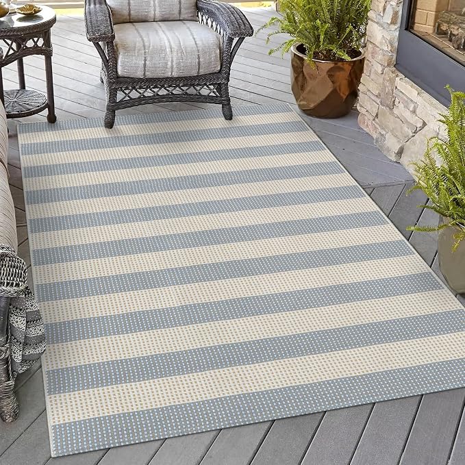 OJIA Washable Area Rug 4'x6', Striped Indoor Outdoor Rugs Patio Camping Rug | Cotton Woven Entryway Rugs Indoor Outdoor Patio Rugs Carpet Large Area Rugs for Bedroom/Porch/Deck/Backyard/Living Room Blue