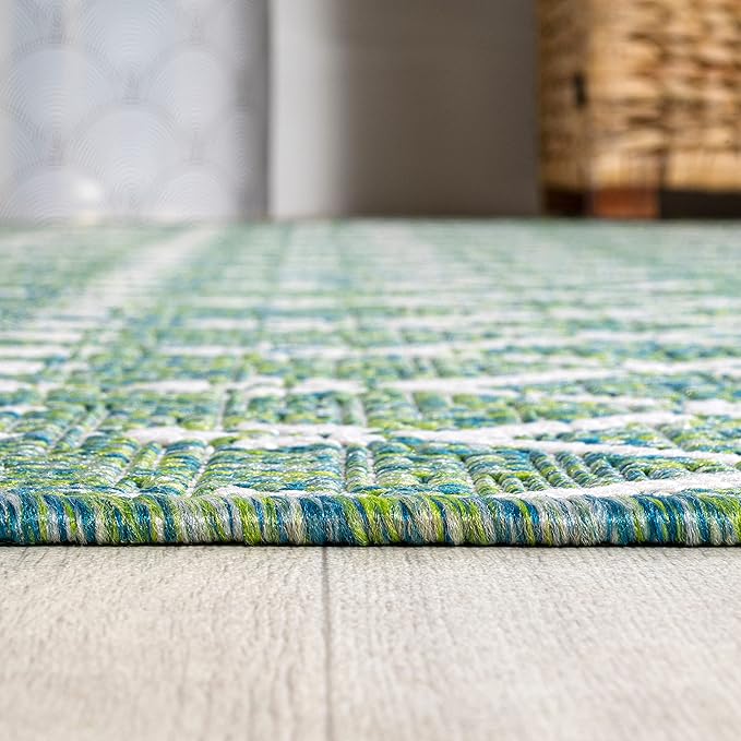 JONATHAN Y Moroccan Geometric Indoor Outdoor Square Area Rug 5X5 Green/Cream, Ourika Textured Weave for Backyard, Patio, Porch, Easy-Cleaning, High Traffic, Pet-Friendly, Non-Shedding (SMB108L-5SQ)