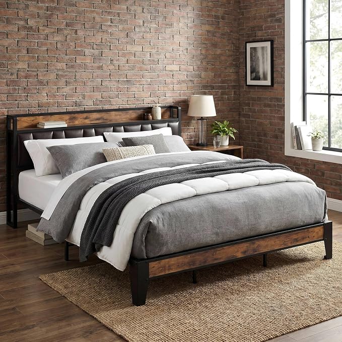 LIKIMIO King Bed Frame, Storage Headboard with Charging Station, Solid and Stable, Noise Free, No Box Spring Needed, Easy Assembly (Vintage and Black)