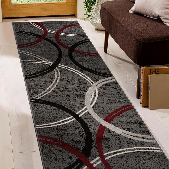 Rugshop Wavy Circles Modern Non-Shedding Runner Rug Red 2' x 10' | Runner, Size 2' x 10', Living Room, Bedroom, Dining Room, Home Office, Kitchen, Entryway, Hallway, Nursery, Kids Room