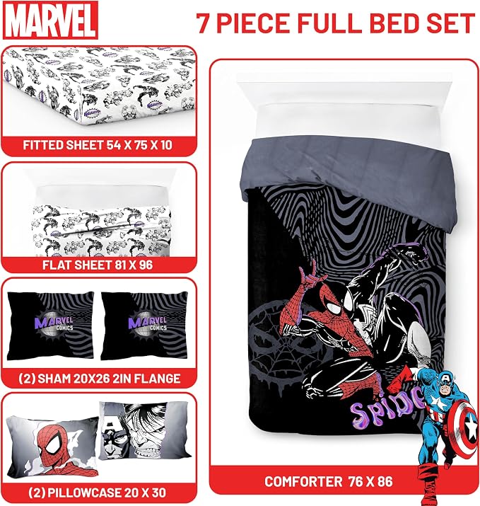 Marvel Comics Spiderman Full Size Comforter Set 7 Piece Bedding, Black | Venom, Bed in a Bag, Comforter Sheets Shams Pillowcases, Official Product, Soft Microfiber, Machine Washable, Boys Gift