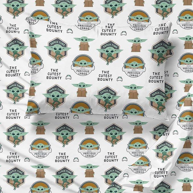 Star Wars Mandalorian Grogu Twin Comforter Set 4 Piece Kids Bedding, Gray | Baby Yoda, Comforter Sheets Pillowcase, Official Product, Soft Microfiber, Machine Washable, Easy Care, Kids Gift