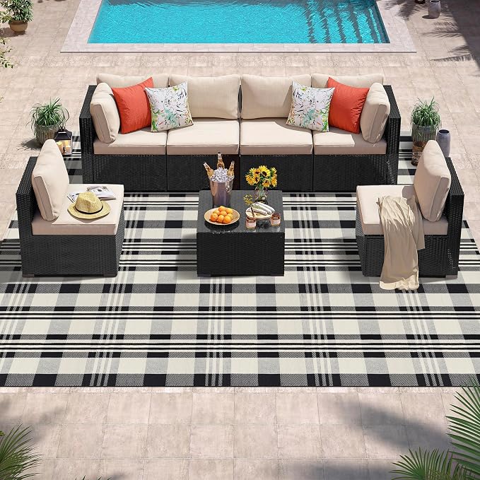 Buffalo Plaid Rug 8x10 Feet Cotton Woven Buffalo Check Area Rug Black and Off White Checkered Outdoor Washable Indoor Outdoor Carpets for Living Room Bedroom Farmhouse Patio