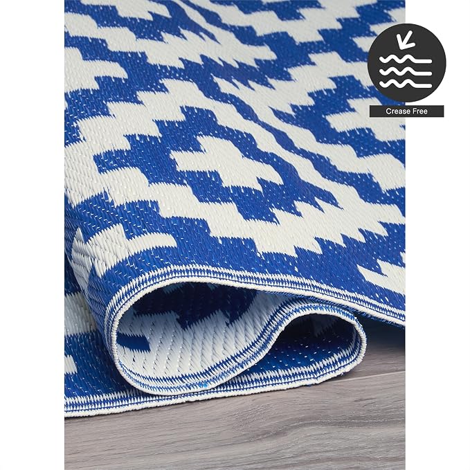 FH Home Outdoor Rug - Waterproof, Fade Resistant, Reversible - Premium Recycled Plastic - Geometric - Large Patio, Deck, Sunroom, Camping, RV - Aztec - Blue & White Crease Free - 6 x 9 ft