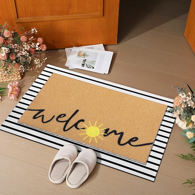 Tinideya 2 Pcs Summer Layered Door Mats Set, Sun Welcome Coir Mats with Stripe Rug for Front Porch Entryway Decor