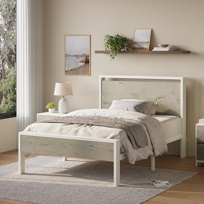 Allewie Twin Size Bed Frame, Heavy Duty 12 Metal Slats Support, White | Wooden Headboard and Footboard, Modern Platform Bed, No Box Spring Needed, Under-Bed Storage, Noise Free, Easy Assembly
