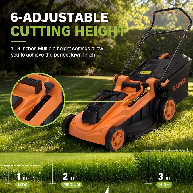 Garvee Cordless Lawn Mower, 17-Inch Battery Powered Electric Push Mower, 2-in-1 Mulching & Bagging, 6 Cutting Heights, 40L Grass Bag, Lightweight Walk-Behind Mower for Small to Medium Yards, Orange