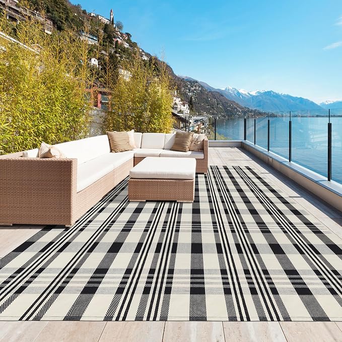 Buffalo Plaid Rug 8x10 Feet Cotton Woven Buffalo Check Area Rug Black and Off White Checkered Outdoor Washable Indoor Outdoor Carpets for Living Room Bedroom Farmhouse Patio