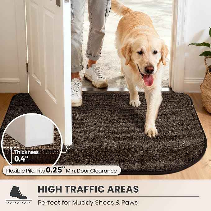 PURRUGS Dirt Trapping Door Mat Half Round 24" x 35.5", Non-Slip Machine Washable Entry Rug, Entrance Mat, Indoor Front Door Mat, Super Absorbent Entryway Rug for Muddy Shoes & Paws, Heathered Brown