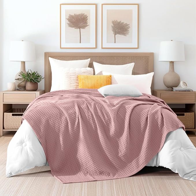 Elegant Comfort Premium 100% Cotton Waffle Blanket - Lightweight Breathable Waffle Weave Bed Blanket - Soft and Warm All Season Blanket for Couch, Sofa and Bed, King Size 90x108 Inches, Dusty Rose