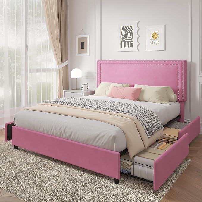 VECELO Full Size Upholstered Bed Frame with 4 Storage Drawers, Adjustable Velvet Rivet Decor Headboard, Wooden Slats Platform Support, No Box Spring Needed, Easy Assembly,Pink