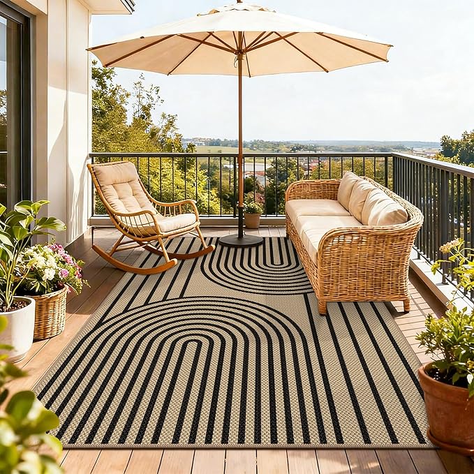 Faux Jute Area Rug, 4' x 6' Washable Rug, Black Farmhouse Ultra-Thin Non-Slip Carpet for Outdoor, Bedroom, Dining Room, Backyard, Home Decor