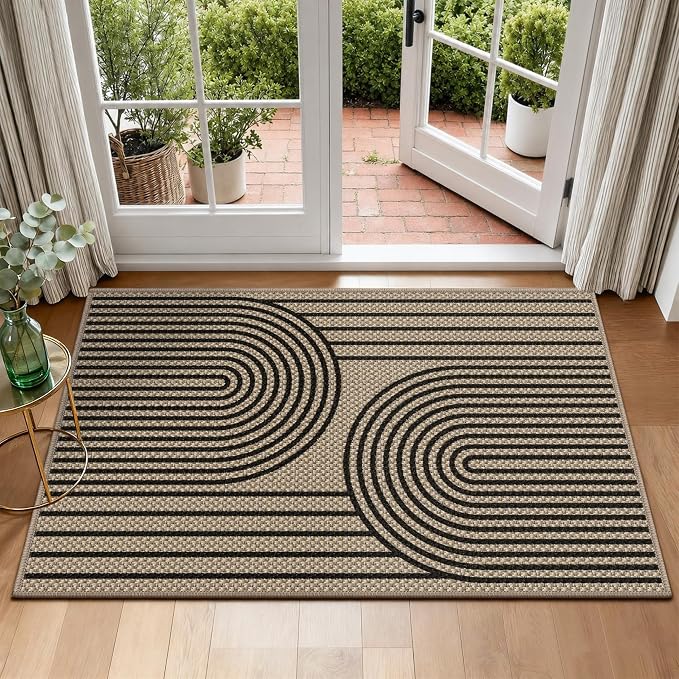 Faux Jute Front Door Mat, 2' x 3' Entryway Porch Rug, Black Farmhouse Ultra-Thin Washable Non-Slip Mat for Indoor Foyer & Outdoor Patio Decor